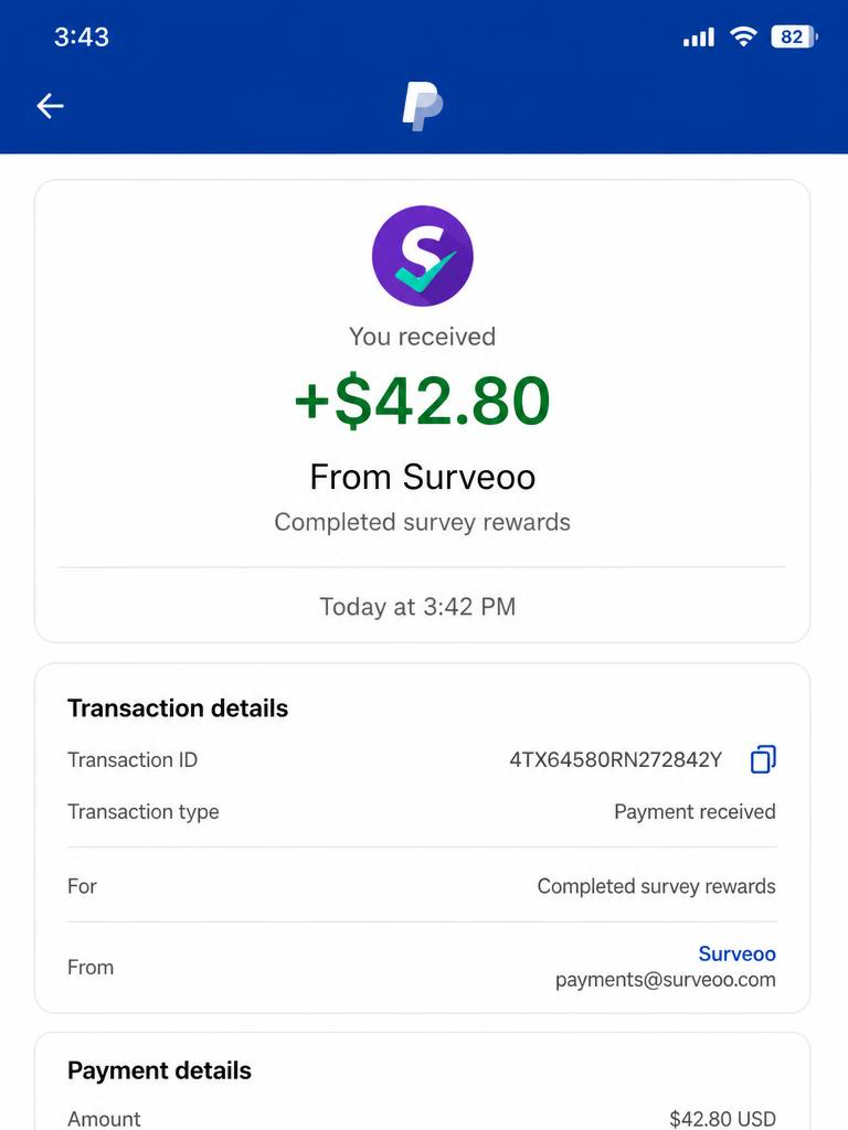 Screenshot of a PayPal payment of $42.80 received from Surveoo for completed survey rewards