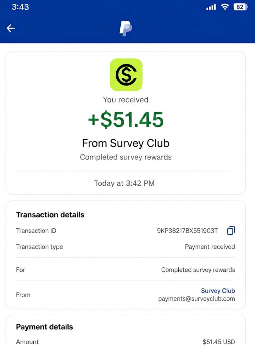 Screenshot of a PayPal payment of $51.45 received from Survey Club for completed survey rewards