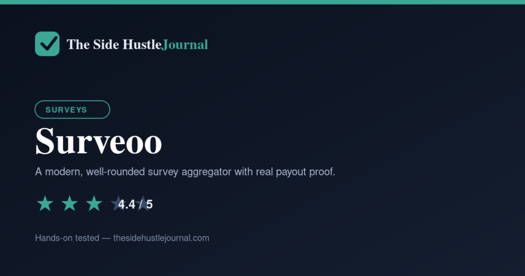 Surveoo review by The Side Hustle Journal, rated 4.4 out of 5